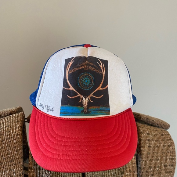Red and Blue Trucker Hat with Antler Design - Picture 2 of 4